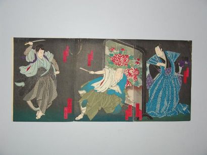 null Triptyque de Yoshitaki, scène de théâtre Kabuki. Vers 1860.