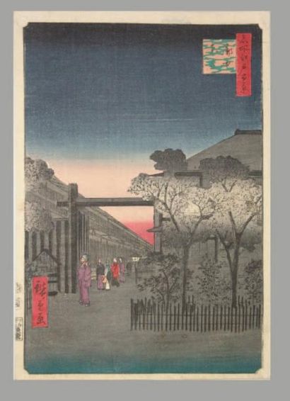 null Estampe de Hiroshige, série des 100 vues d'Edo, nuit tombante aux portes de...