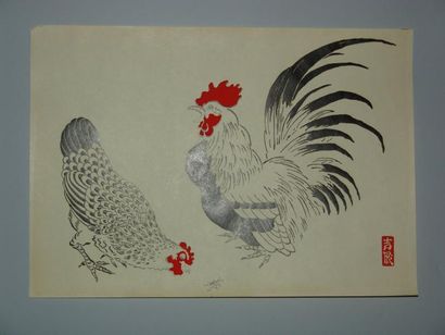 null Deux estampes de Girin, coqs et poule. Vers 1930.