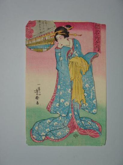 null Estampe de Yoshiharu, une jeune femme en kimono bleu. Vers 1860.