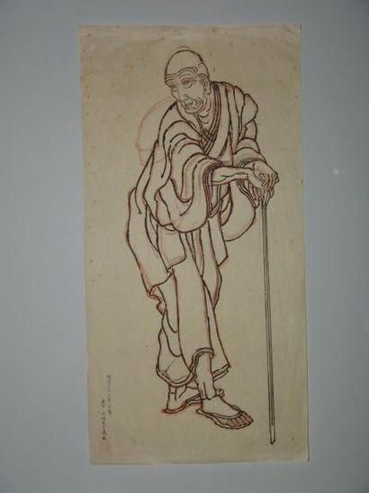 null Estampe de Hokusai, autoportrait avec bâton. Vers 1900.