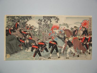 null Deux triptyques de Nobukazu, scènes de la guerre sino-japonaise.