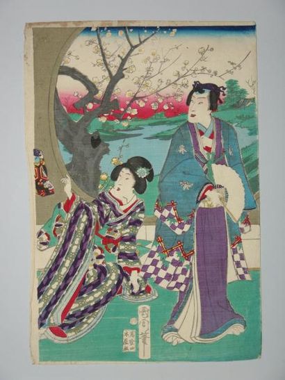 null Estampe de Kunichika, le prince Genji et une jeune femme admire la floraison...