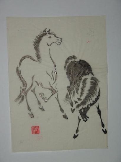 null Deux dessins préparatoires d'Aoyama, à sujet de chevaux. Vers 1930.