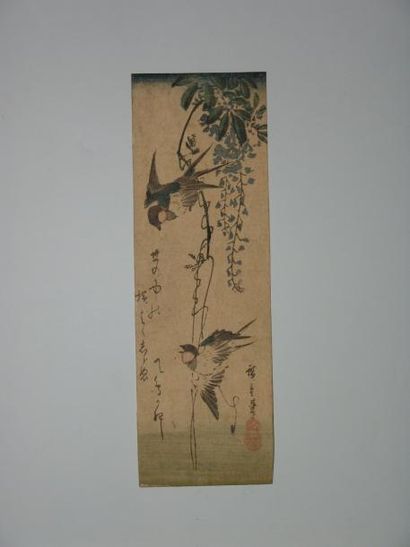 null Tanzaku de Hiroshige, deux oiseaux Kawasemi sur une branche de glycine. Vers...