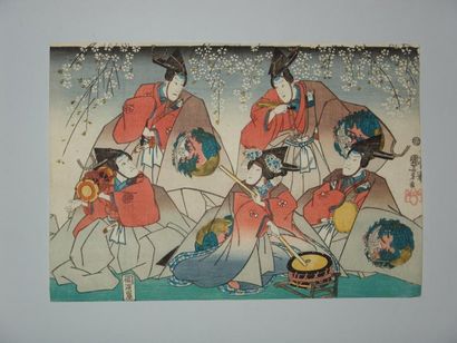 null Estampe de Kuniyoshi, un groupe de cinq musiciens. Vers 1845.