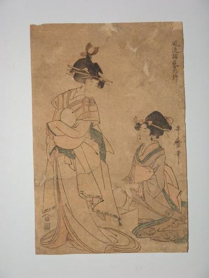 null Estampe d'Utamaro, deux jeunes femmes tenant des balles. Vers 1800.