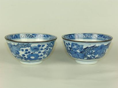 null Paire de bols en porcelaine bleu de Hue, à decor de dragons parmi les fleurs....