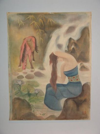 null Peinture sur soie de Li Chan, jeune femme assise près d'une cascade et un cheval...
