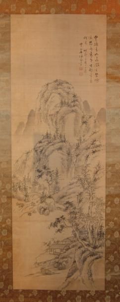 null Peinture sur soie, à décor de paysage montagneux. L: 180 x 54 cm (XIXe sièc...