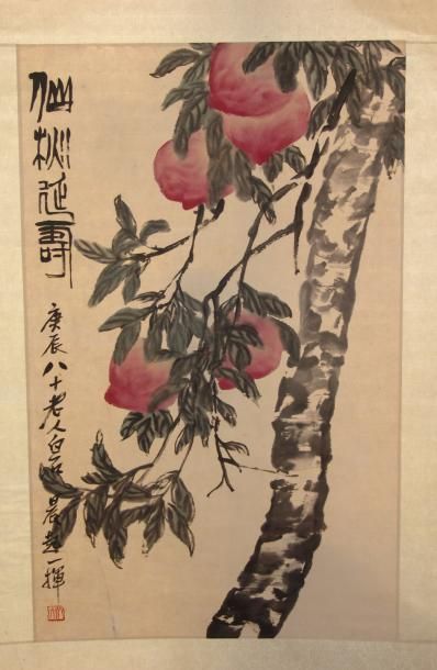 null Copie d'une peinture de Qi Bashi, pêches. L: 189 x 69 cm (XXe siècle)