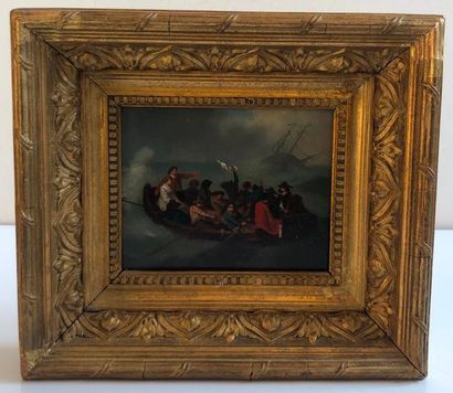 Ecole FRANCAISE, XIXème siècle 
Scène de naufrage
Huile datée 1858 x 14 cm
On y joint...