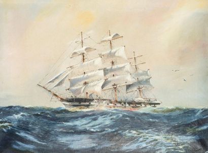 Ecole ANGLAISE, du XXème siècle 
Three-masted barque on shaped sea
Oil on canvas,...