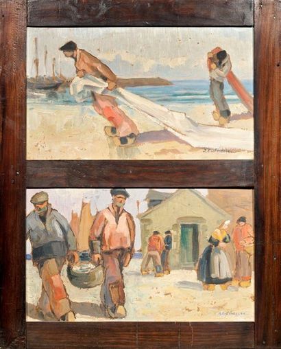 Jim Eugène SEVELLEC (1897-1971) 
Scenes of life in Brittany
Two oils on isorel in...