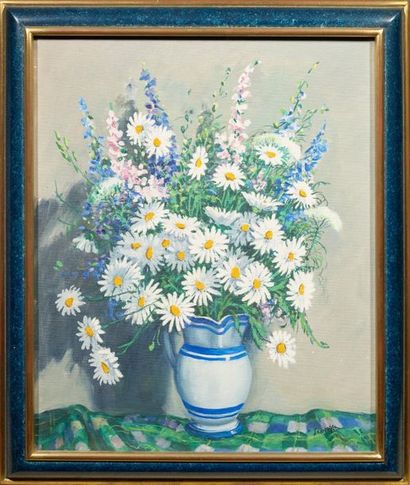 Lucien SEEVAGEN (1897-1959) 
Bouquet de fleurs au vase bleu
Toile signée en bas à...