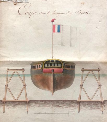 [Coupe dessin] Ecole FRANÇAISE, fin XVIIIème siècle
Coupe sur la largeur d'un Dock
Aquarelle,...