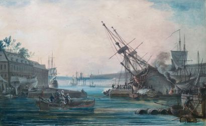 Alexandre Jean NOEL (1752-1834) 
L'arsenal de Brest
Aquarelle et gouache
Signé Noël...