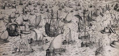 [AMMAN (Jost)] 
Scene of a naval battle. Zurich, 1566. Original etching (56 x 30...