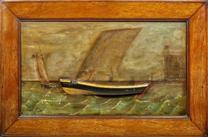 null Half hull of a fishing boat on a painted panel (harbour exit and other craft)
England,...