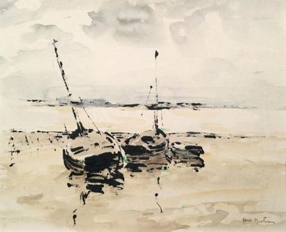 Abel BERTRAM (1871-1954) 
Bateaux échoués
Aquarelle signée en bas à droite
20 x 26...