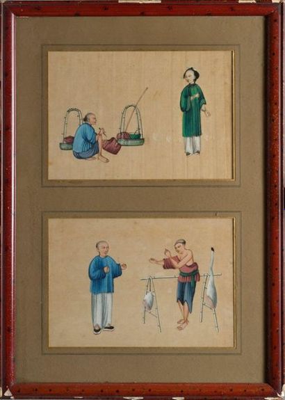 CHINE, Canton - XIXe siècle 
Deux gouaches sur papier de riz, scènes de métier.
Dim.à...