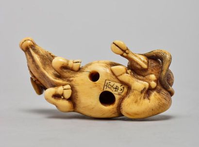 JAPON - Epoque EDO (1603 - 1868) 
* Netsuke in ivory, buffalo lying down, his legs...