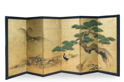 JAPON - Fin Époque EDO (1603 - 1868) 
Paravent à six feuilles, encre et couleurs...