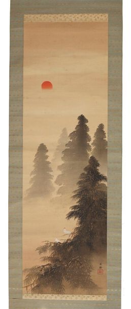 JAPON - Epoque MEIJI (1868 - 1912) 
Encre et couleurs sur soie, soleil levant au...