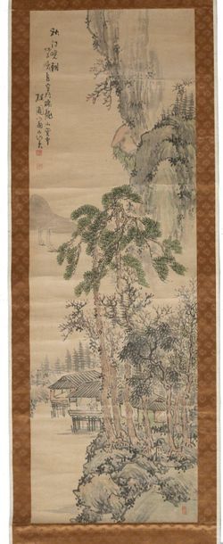 JAPON - Epoque MEIJI (1868 - 1912) 
Ink and colours on silk, sunrise over the fir...