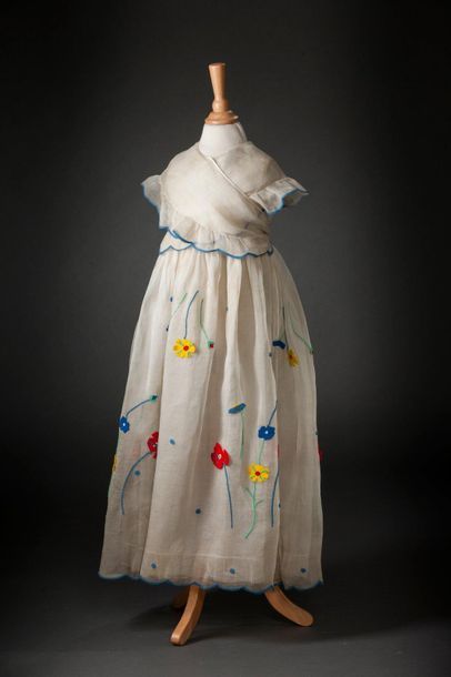 HÉLÈNE VANNER Girl's dress in organza applied with large flower motifs in red, yellow...