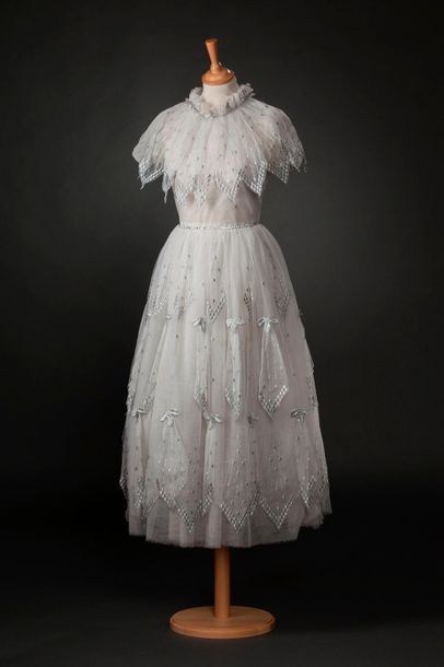 CARVEN Cocktail dress in white tulle embroidered with silver Lurex with leaf and...