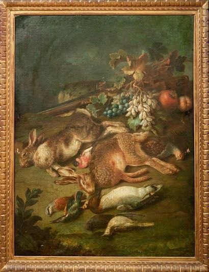 Ecole ITALIENNE du NORD, du XVIIIème siècle 
Trophée de chasse aux lièvres et oiseaux
Trophée...