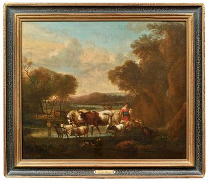 Ecole HOLLANDAISE, du XVIIIème siècle, suiveur de Nicolaes BERCHEM Shepherdess and...