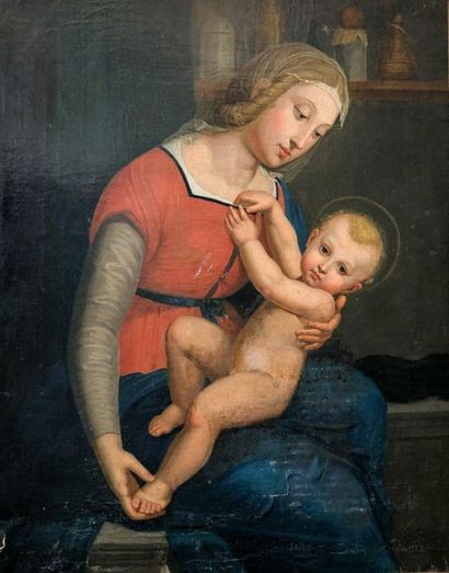 Ecole ITALIENNE, du XIXème siècle, d'après RAPHAEL La Vierge à l'Enfant
Canvas 65.5...