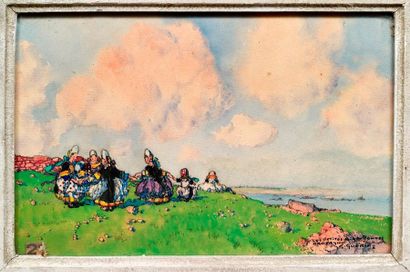 Ernest Pierre GUÉRIN (1887-1952) 
Les petites bigoudennes
Watercolor, signed, titled...