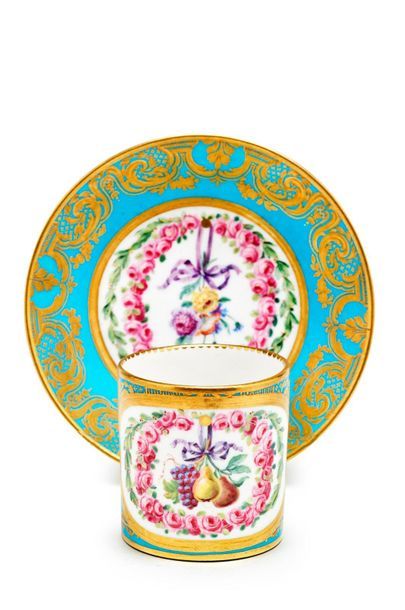 SÈVRES Litron goblet and its saucer in soft porcelain, polychrome decoration of garlands...