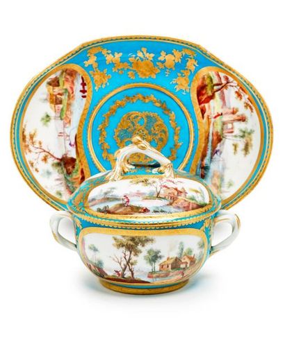 SÈVRES Round covered bouillon bowl and its oval tray in soft porcelain, with a celestial...