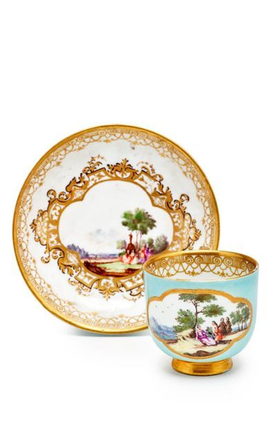 MEISSEN Cup and saucer in hard porcelain, with polychrome decoration of animated...