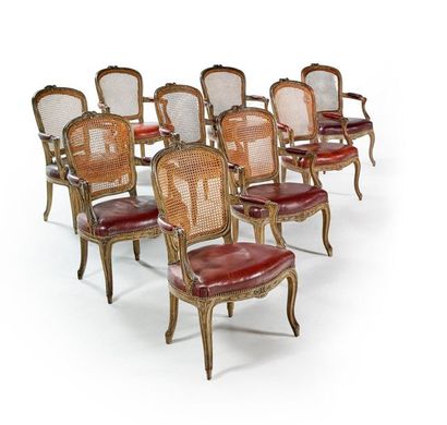 null Suite of 12 armchairs in moulded wood, carved with flowers and green lacquered...