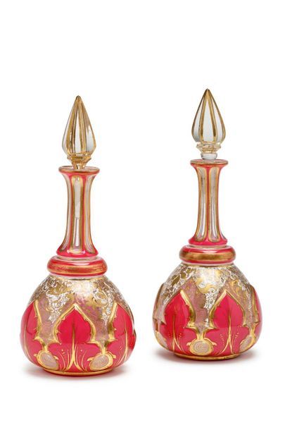null Pair of Moorish long neck bottles in clear, coral and gold overlay glass with...