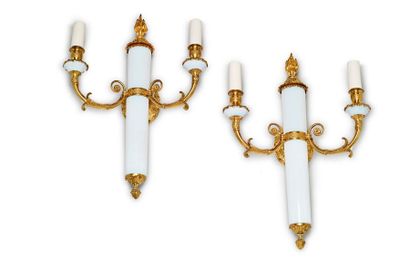 null Pair of ormolu and white opaline sconces with two light arms escaping from a...