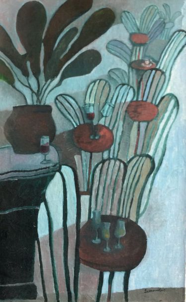 Henri SAMOUILOV (1930-2014) Intérieur de restaurant avec lampadaires
Huile sur toile,...
