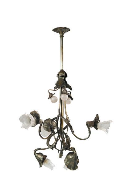 Jean Auguste Dampt (1854-1945) 
Bronze chandelier with a brown patina nuanced with...