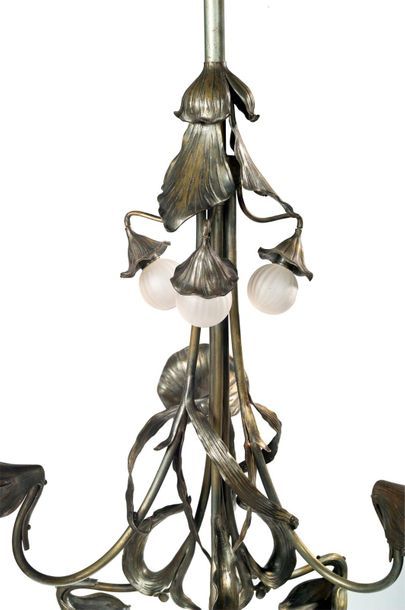 Jean Auguste Dampt (1854-1945) 
Bronze chandelier with a brown patina nuanced with...