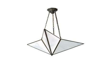 ETABLISSEMENTS PERZEL Modernist suspension lamp with polyhedral pewter frame encircling...