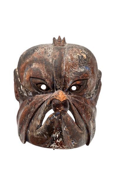 JAPON - Epoque KAMAKURA (1185 - 1333) / 
Large wooden gigaku mask with traces of...