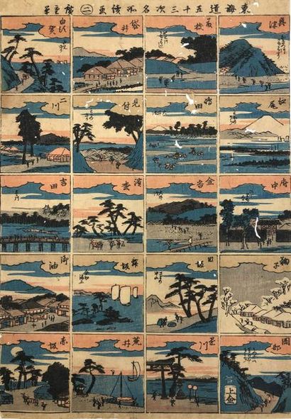 Utagawa Hiroshige (1797-1858) 
Triptyque oban tate-e, Tôkaidô gojusan tsugi meisho...