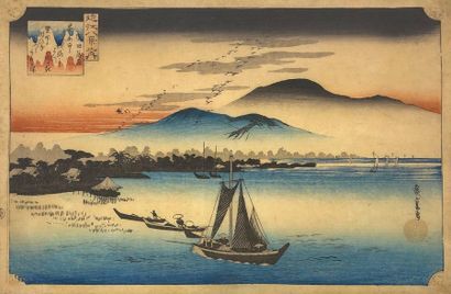 Utagawa Hiroshige (1797-1858) 
Oban yoko-e, de la série Omi hakkei, Huit vues d'Omi,...