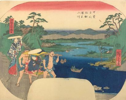 UTAGAWA HIROSHIGE II (1826-1869) 
Uchiwa-e de la série Shokoku meisho zue, Vues célèbres...