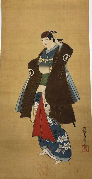 JAPON - Milieu Epoque EDO (1603 - 1868) 
Ensemble de quatre grandes encres sur papier,...